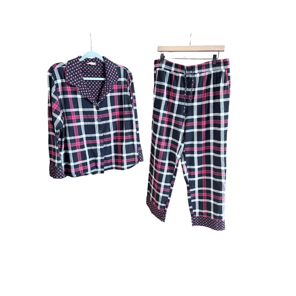 Vera Bradley pink white black plaid pajama set XL button front pull on pants